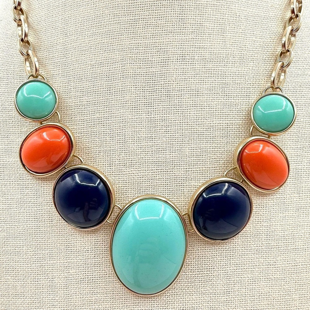Vintage Y2K Gold Tone Statement Necklace Aqua Orange Navy Cabochons Boho Jewelry